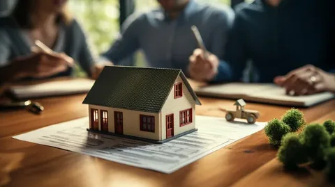 A small model house sits on a mortgage document on a wooden table, illustrating mortgage options for buying a home, with blurred people in the background and miniature trees and a car model nearby.