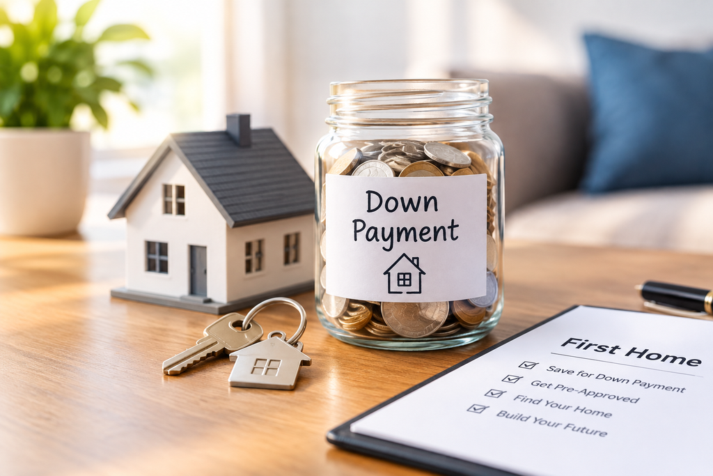 Down payment for first home concept shown with savings jar, house model, and keychain.