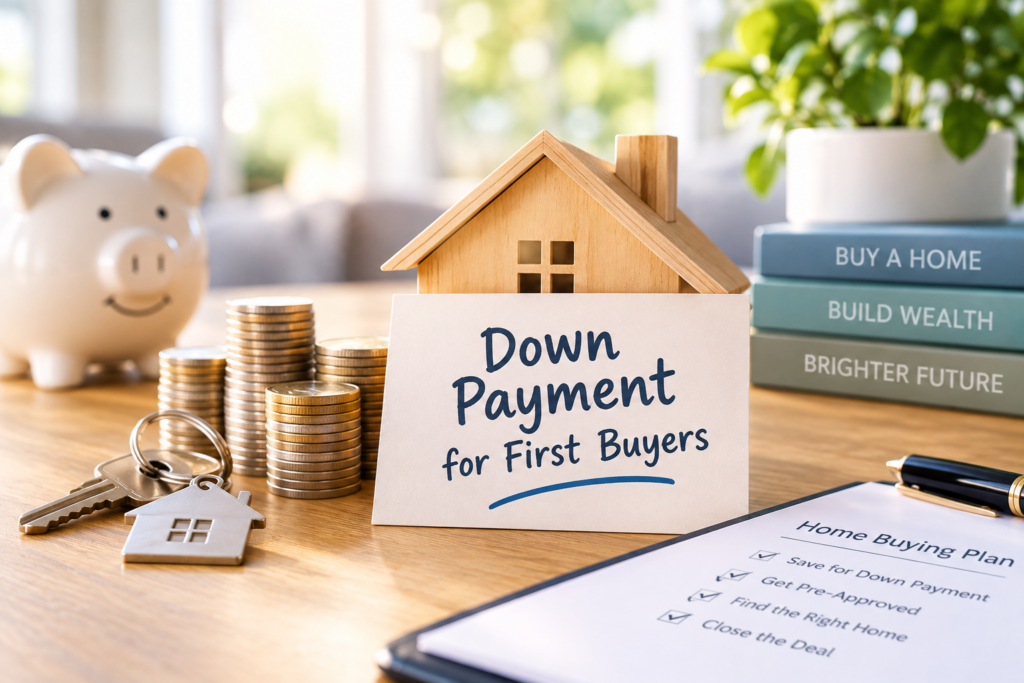 Down payment for first home plan with house model, coin stacks, key, and checklist on desk.