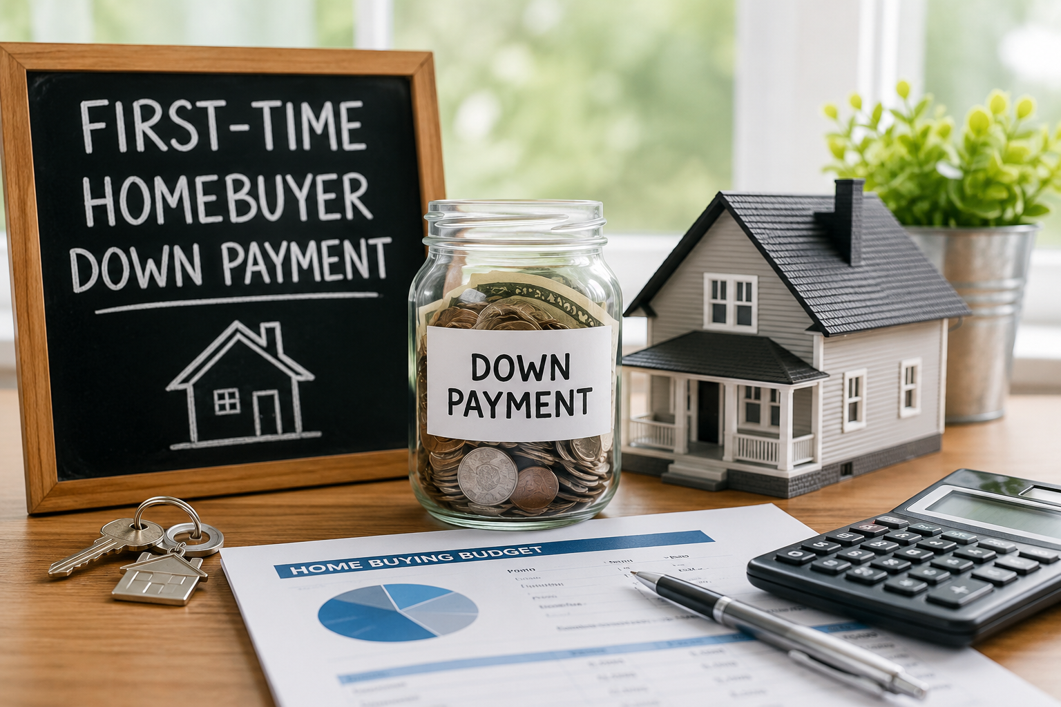A first-time homebuyer down payment savings setup featuring a chalkboard sign, a labeled coin jar, a model house, a calculator, and a budget sheet on a wooden table for home buying.