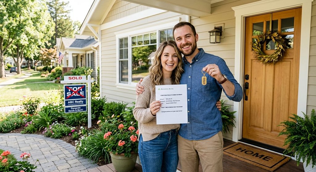 A smiling couple celebrates their first-time homebuyer down payment success, holding the closing documents and a gold "SOLD" keychain in front of their new home with a sold sign in the yard.