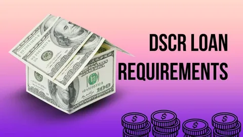DSCR loan requirements illustration showing a dollar-bill house beside stacks of coins on a pink-to-purple gradient background.